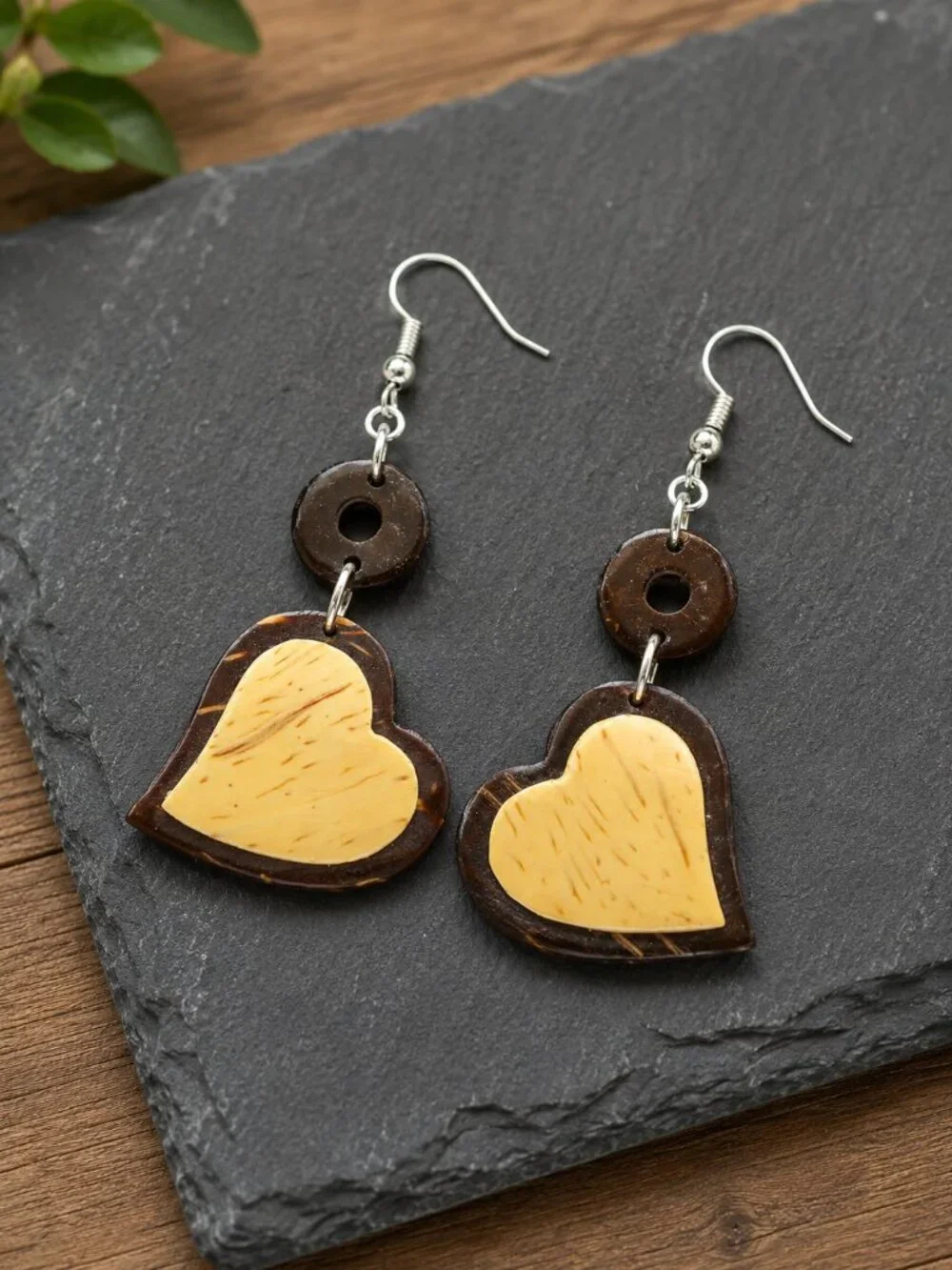 Two-Tone Wood Heart Drop Earrings